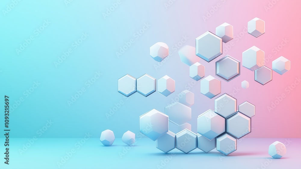 Floating white hexagons on gradient blue-pink background modern abstract design with geometric shapes creating a 3d illusion and minimalist aesthetic Floating white hexagons on gradient blue-pink background modern abstract design with geometric shapes creating a 3d illusion and minimalist aesthetic