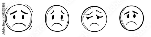 A line art icon of a sad smiley face for use in apps and websites.