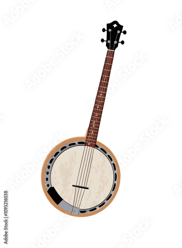 A wooden banjo with a black headstock and a white body.  Acustic mucical instrument. Flat vector illustration isolated on transparent background.