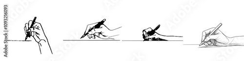 A single, continuous line drawn by a hand holding a pen creates a straight line. Modern illustration.