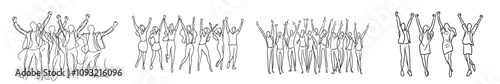 A single, unbroken line drawing captures the joy of young male and female workers celebrating together in an office, embodying the concept of business teamwork in a modern illustration.