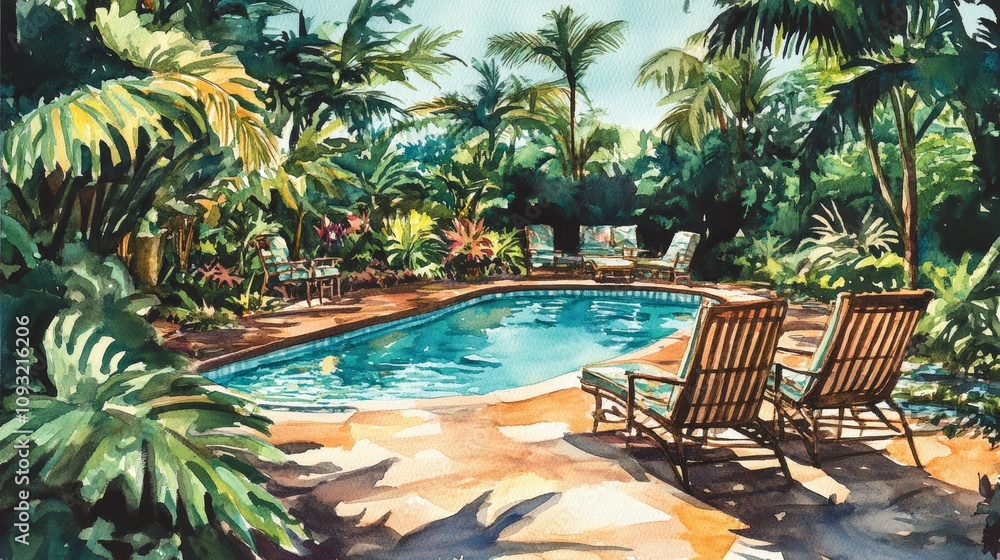 Fototapeta premium Tranquil Tropical Backyard Oasis - Watercolor illustration of a serene tropical backyard oasis featuring a sparkling pool, lush foliage, and relaxing lounge chairs. Evokes peace, luxury, escape, rela
