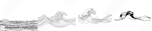 A single continuous line drawing depicts water splashes, wave twirls, isolated surges, and blue sparks, with a breaker wave in curly shapes, designed as a modern icon symbol on a white background.