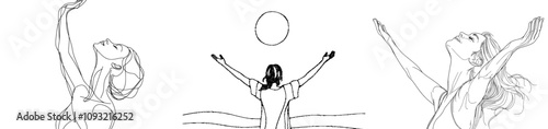 A modern illustration of a woman stretching her arms in a continuous line art style creates a relaxing picture.