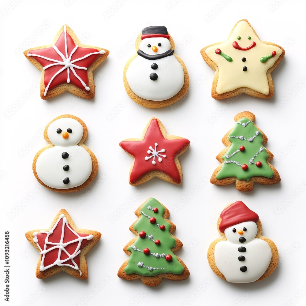 Christmas Cookies Shaped Like Stars, Trees, and Snowmen on White background Christmas Cookies Shaped Like Stars, Trees, and Snowmen on White background