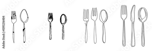 A kitchen cutlery illustration is created in a single line style. Suitable for printing.