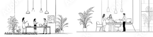 A continuous one-line drawing depicts young professionals at a table, discussing team projects.