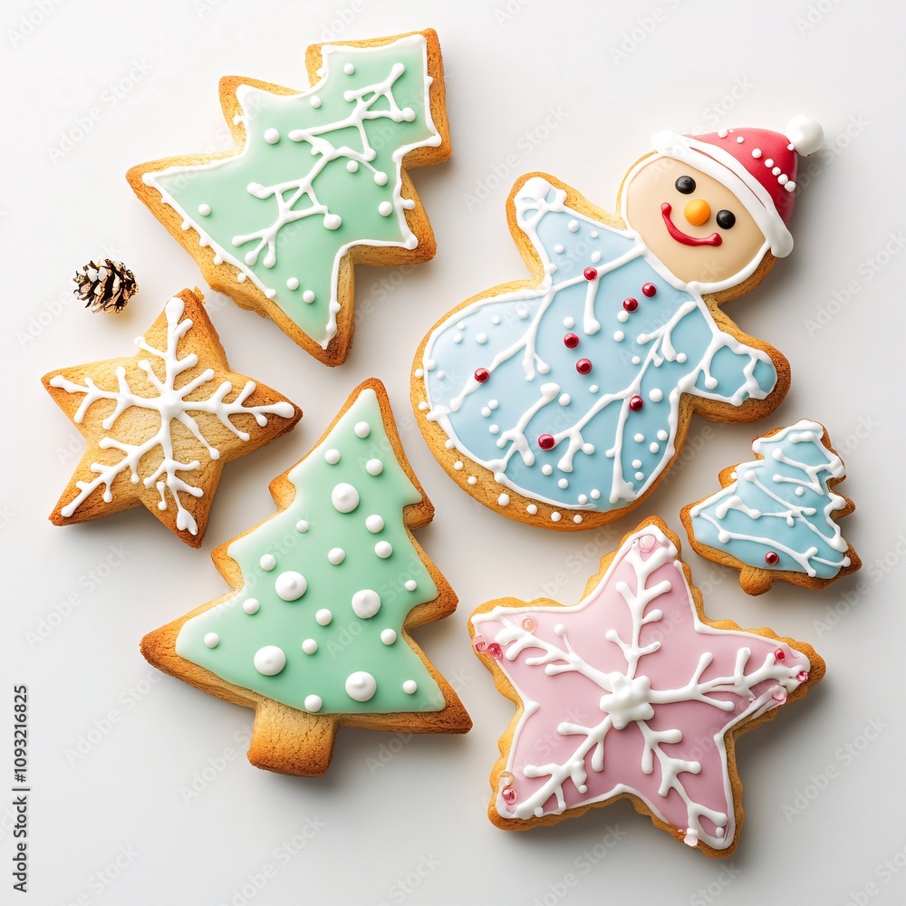 Christmas Cookies Shaped Like Stars, Trees, and Snowmen on White background Christmas Cookies Shaped Like Stars, Trees, and Snowmen on White background
