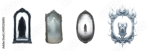Eerie collection of ghostly figures reflected in ornate mirrors.