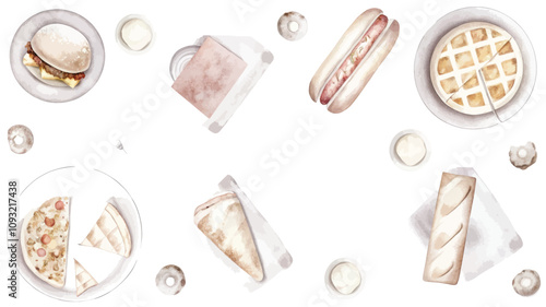 Watercolor illustration of a set of food and drinks on a white background