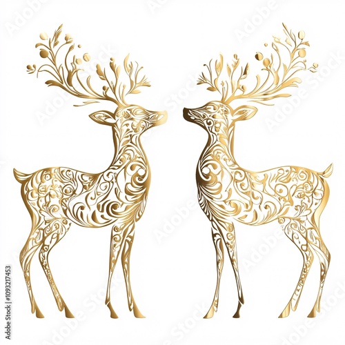 A Detailed Golden Reindeer Silhouette with Fine Decorative Patterns on White background