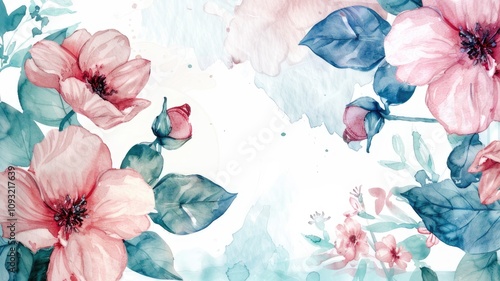 Watercolor painting of pink and blue flowers on white background