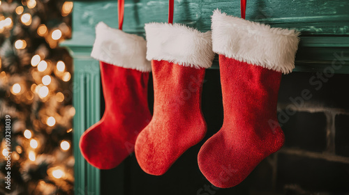 Red Christmas stockings hung on a green mantelpiece, with a glowing fireplace in the background, Cozy, Realism, Photographycloses up photo