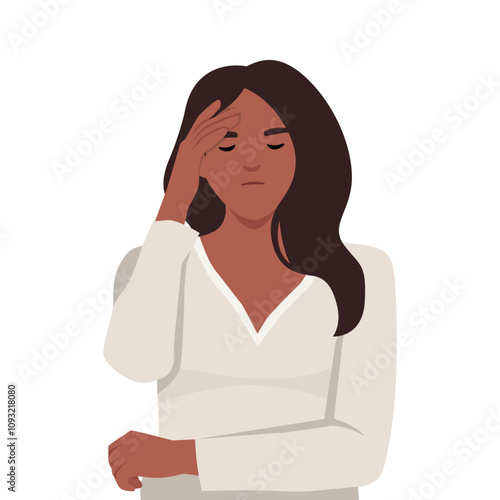 Young woman stressed frustrated squeezing her head with hands suffer from headache. Flat vector illustration isolated on white background