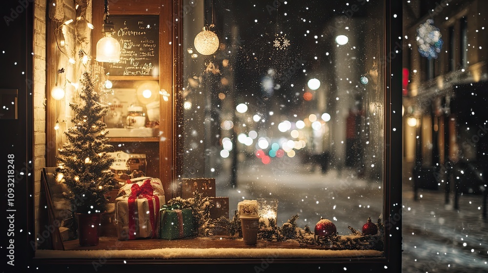 A snowy street scene viewed from a coffee shop window with soft, warm lighting and Christmas decorations around the room. A snowy street scene viewed from a coffee shop window with soft, warm lighting and Christmas decorations around the room.