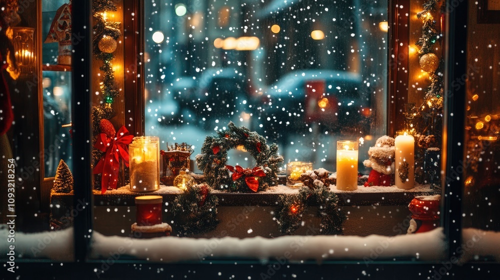 A snowy street view through the window of a warm coffee shop, decorated for Christmas with candles, wreaths, and garlands.