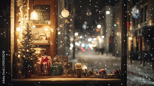 A snowy street scene viewed from a coffee shop window with soft, warm lighting and Christmas decorations around the room.