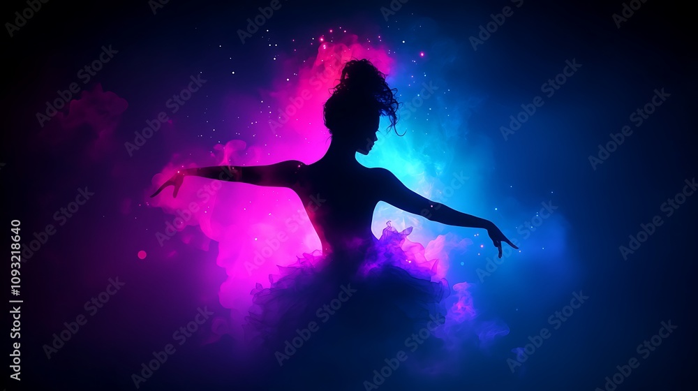 Naklejka premium Captivating and Vibrant Portrait of a Dancer in Mid-Performance Surrounded by Colorful Splashes of Pink and Blue Light Capturing Movement and Graceful Expression