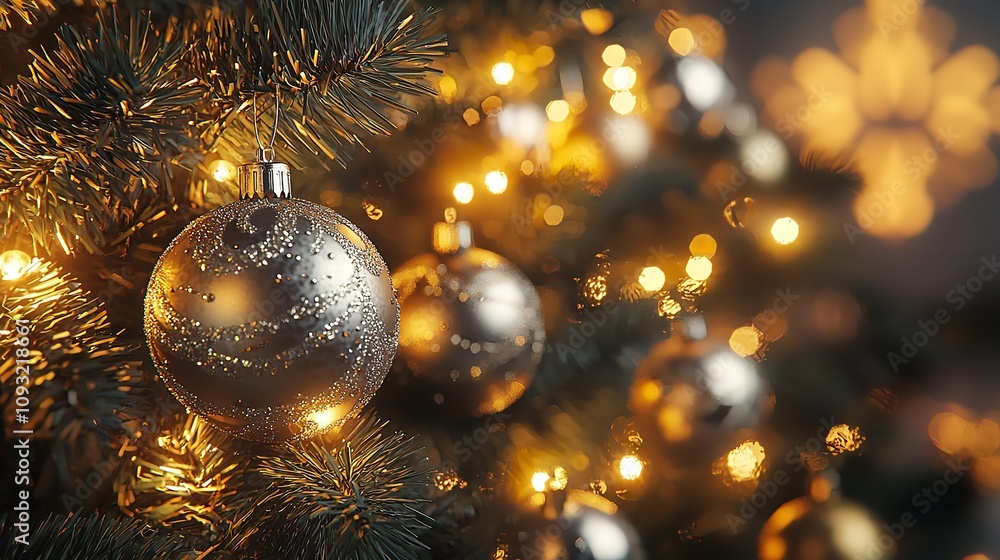 Golden and silver Christmas tree decorations illuminating the scene Golden and silver Christmas tree decorations illuminating the scene