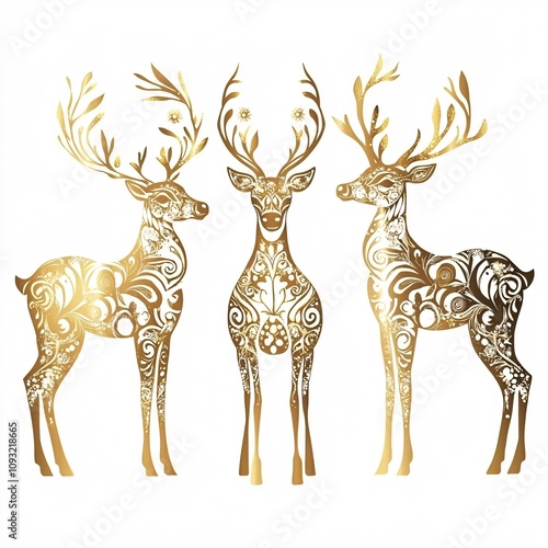 A Detailed Golden Reindeer Silhouette with Fine Decorative Patterns on White background