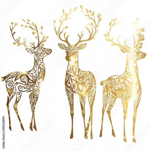 A Detailed Golden Reindeer Silhouette with Fine Decorative Patterns on White background