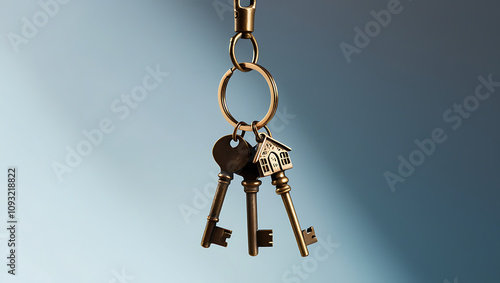 A golden ring with an intricately designed key suspended from its center, resting on a worn, dark-brown wooden table