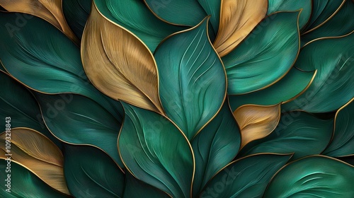 Organic shapes in shades of green and gold, evoking Christmas foliage in a highly abstract form, Nature-inspired, Digital artcloses up photo