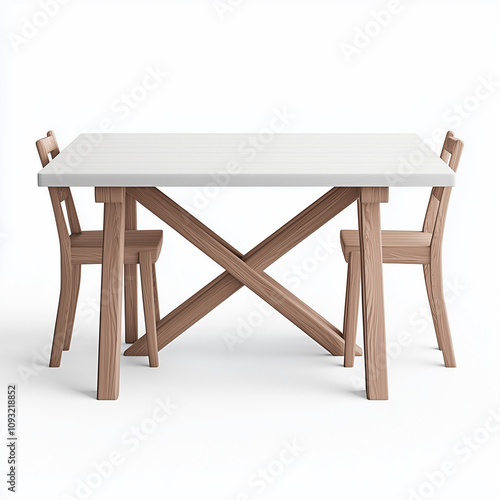 Illustration of wooden table with chairs isolated on white background