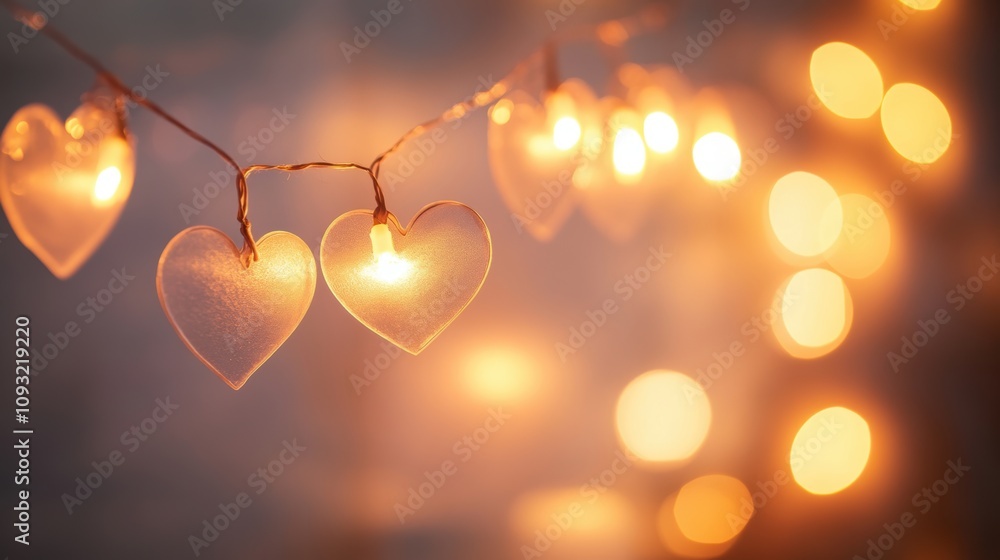 Translucent paper heart garlands delicately strung, reflecting the warm glow of candles. The blurred golden background enhances the romantic and dreamy atmosphere of the composition. Translucent paper heart garlands delicately strung, reflecting the warm glow of candles. The blurred golden background enhances the romantic and dreamy atmosphere of the composition.