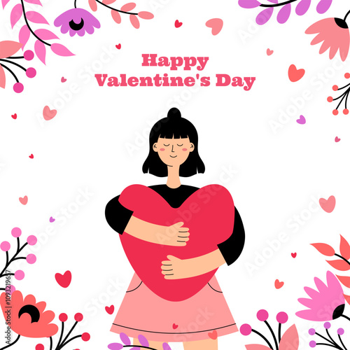 Happy Valentine's Day. Girl, woman hugging heart. Greeting card, poster, banner. Vector illustration
