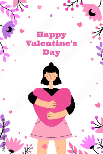 Happy Valentine's Day. Girl, woman hugging heart. Greeting card, poster, banner. Vector illustration