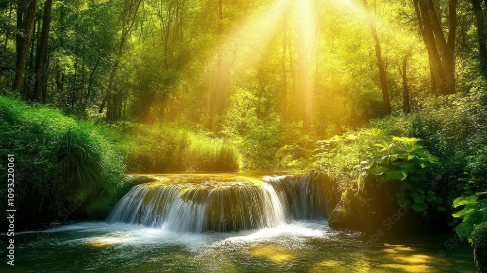 Tranquil Forest Waterfall with Sunlight Streaming Through Green Trees Creating a Serene Natural Landscape Perfect for Relaxation and Meditation Tranquil Forest Waterfall with Sunlight Streaming Through Green Trees Creating a Serene Natural Landscape Perfect for Relaxation and Meditation