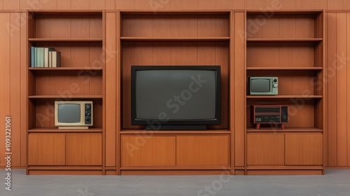 Retro television showcase classic era display wooden showroom vintage style