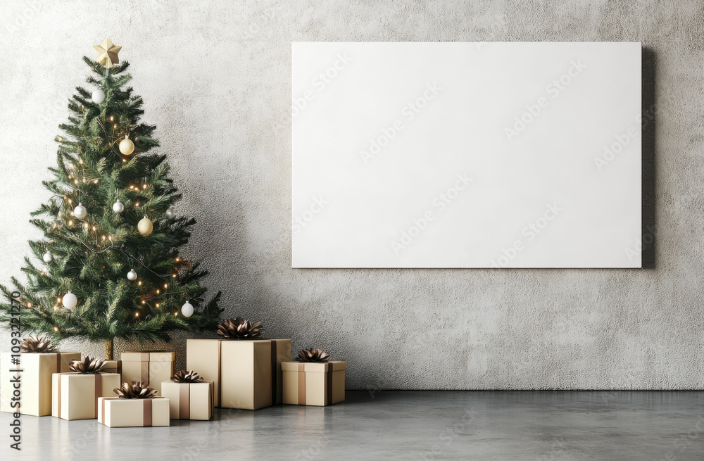 A white blank canvas on the wall, a Christmas tree and gifts next to it, minimalist style A white blank canvas on the wall, a Christmas tree and gifts next to it, minimalist style