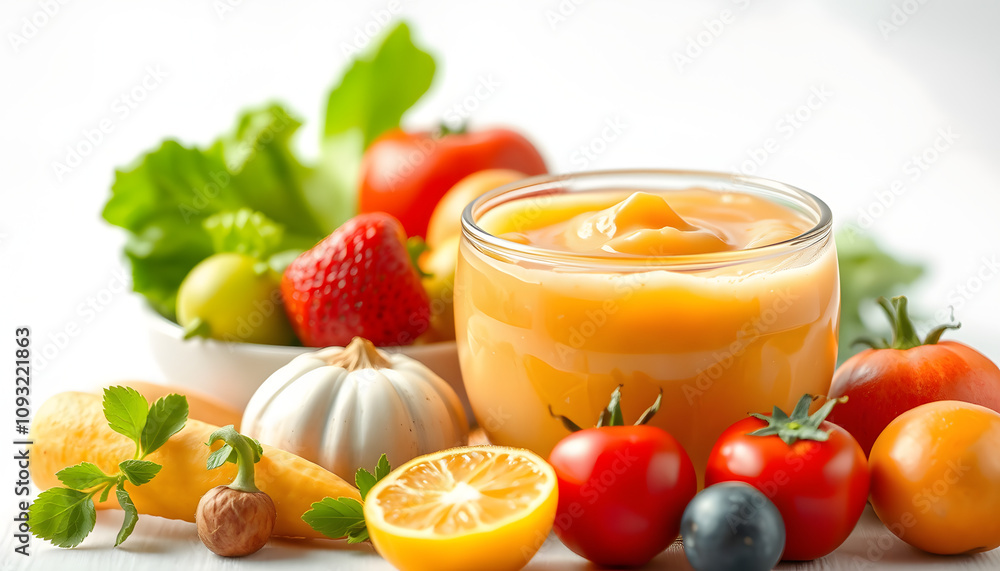 Baby puree with fruits and vegetables isolated with white highlights, png Baby puree with fruits and vegetables isolated with white highlights, png