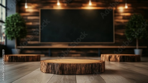 Rustic wooden display with three tree slices on a wooden floor in front of a dark chalkboard and wooden wall.