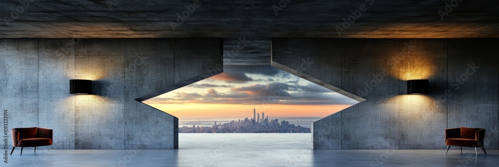 Modern minimalist interior design featuring a stunning city skyline ...