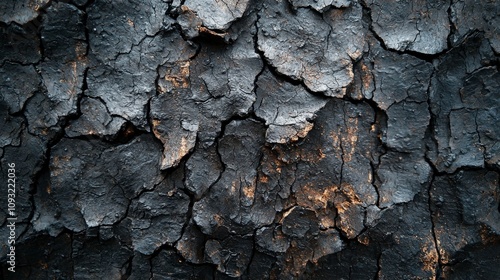 An image showcasing the charred, cracked texture of tree bark, highlighting the contrast between the burnt black surface and hints of underlying wood. Perfect for nature themes. photo