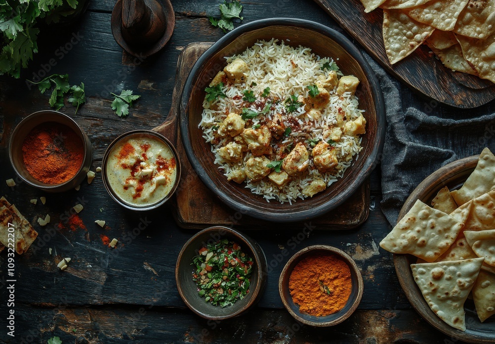 Aromatic Biryani with Paneer on a Rustic Wooden Table Surrounded by Chutneys, Spices, and Crispy Flatbread in a Cozy Dining Setting Aromatic Biryani with Paneer on a Rustic Wooden Table Surrounded by Chutneys, Spices, and Crispy Flatbread in a Cozy Dining Setting