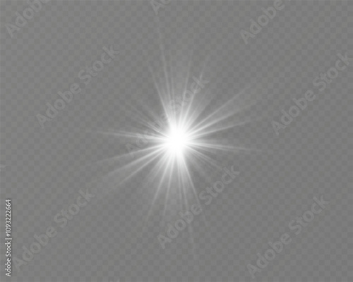 White glowing light explodes on a transparent background. with ray. Transparent shining sun, bright flash. Special lens flare light effect.