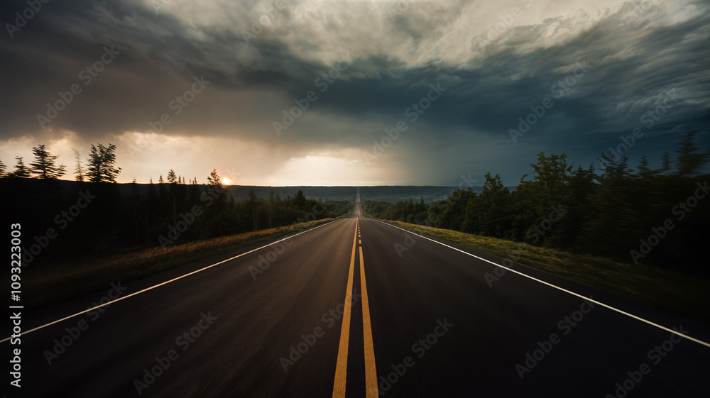 Empty asphalt road leading to dramatic storm clouds at sunset Empty asphalt road leading to dramatic storm clouds at sunset