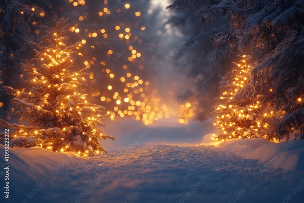 Beautiful winter landscape with soft snow covering the ground and sparkling lights in the background, creating a magical and serene holiday atmosphere Beautiful winter landscape with soft snow covering the ground and sparkling lights in the background, creating a magical and serene holiday atmosphere