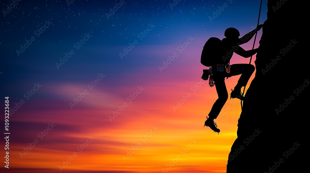 Adventurous Climber Scaling a Steep Rock Face at Sunset with a Vibrant Sky Enhanced by Stars for Outdoor Enthusiasts and Adventure Seekers Adventurous Climber Scaling a Steep Rock Face at Sunset with a Vibrant Sky Enhanced by Stars for Outdoor Enthusiasts and Adventure Seekers