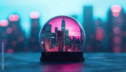 Holographic snow globe with a futuristic cityscape inside, glowing digital elements, soft blue light, floating in a dark room, Futuristic, 3D rendercloses up photo