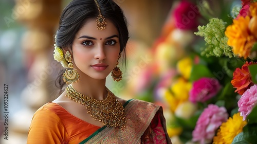 Cultural portrait of a woman in traditional attire india photography floral environment close-up heritage inspired