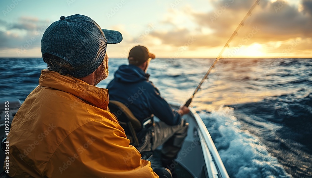 Two fishermen enjoy a tranquil sunset while fishing on a calm ocean. Two fishermen enjoy a tranquil sunset while fishing on a calm ocean.