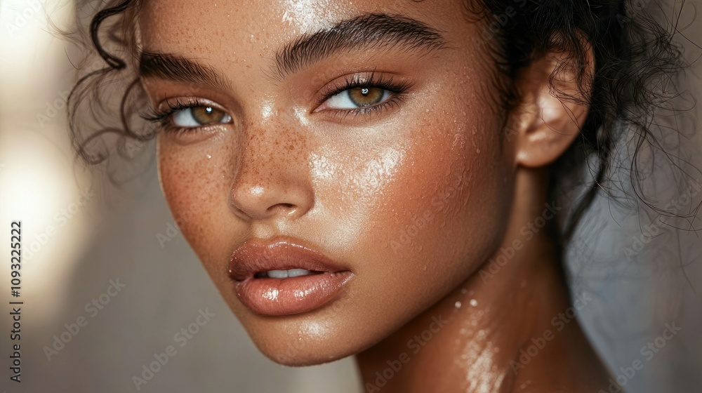 Close-up Portrait of a Young Woman with Wet Skin and Curly Hair Close-up Portrait of a Young Woman with Wet Skin and Curly Hair
