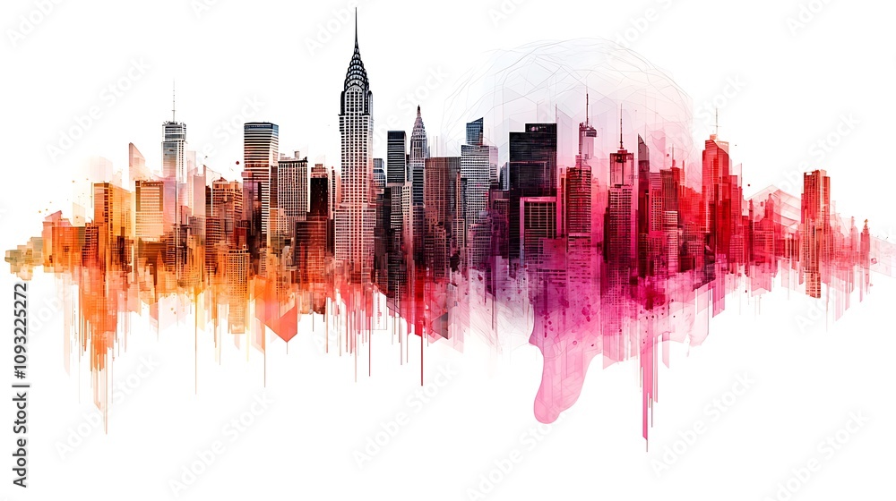 Obraz premium Artistic Double Exposure Composition Featuring Urban Skyline with Vibrant Gradients and Abstract Elements for Creative Projects