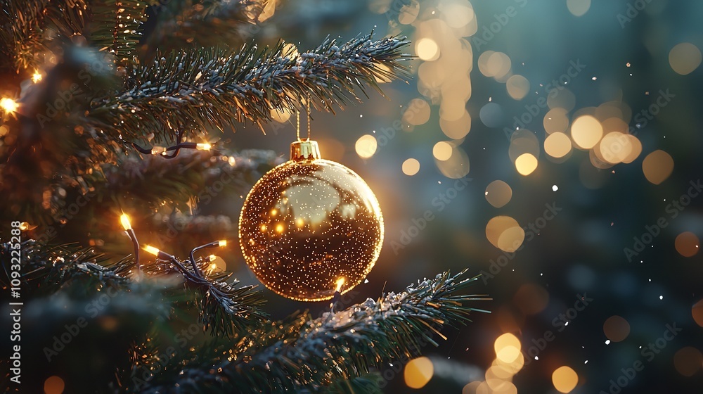 Fototapeta premium Golden decoration globe on Christmas tree, close-up