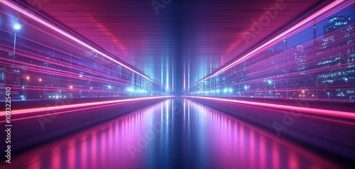 Futuristic City Lights with Neon Accents and Motion Blur Creating a Dynamic Visual Experience in Urban Landscape at Night